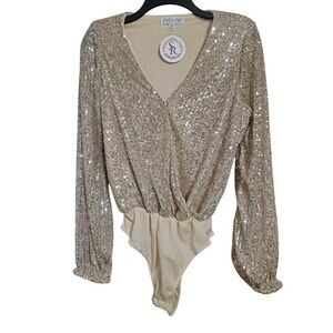 SHE+SKY All Ritz BodySuit Champagne Sequins V Neck Long Sleeve M Christmas NWT